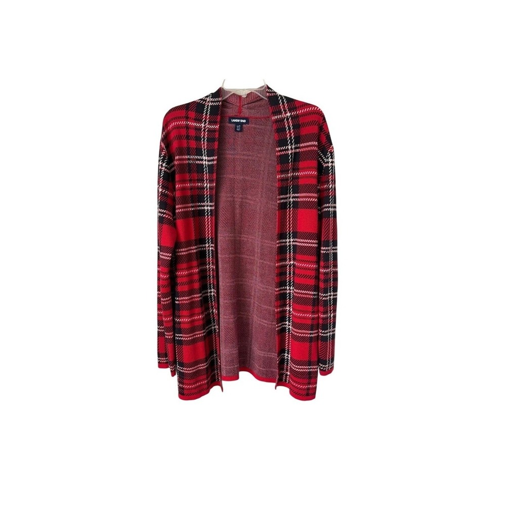 Lands' End Red Black Plaid Open Front Knit Cardigan Sweater Longline Pockets L/T
